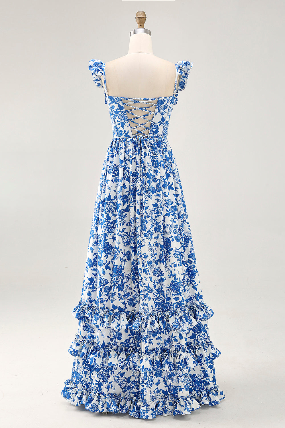 Off The Shoulder Ruffled Blue Floral Corset Long Wedding Guest Dress with Slit