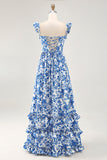 Off The Shoulder Ruffled Blue Floral Corset Long Wedding Guest Dress with Slit
