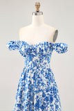 Off The Shoulder Ruffled Blue Floral Corset Long Wedding Guest Dress with Slit