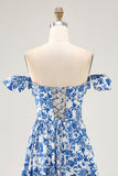 Off The Shoulder Ruffled Blue Floral Corset Long Wedding Guest Dress with Slit