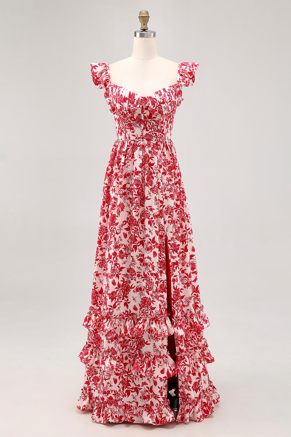 Off The Shoulder Ruffled Blue Floral Corset Long Wedding Guest Dress with Slit