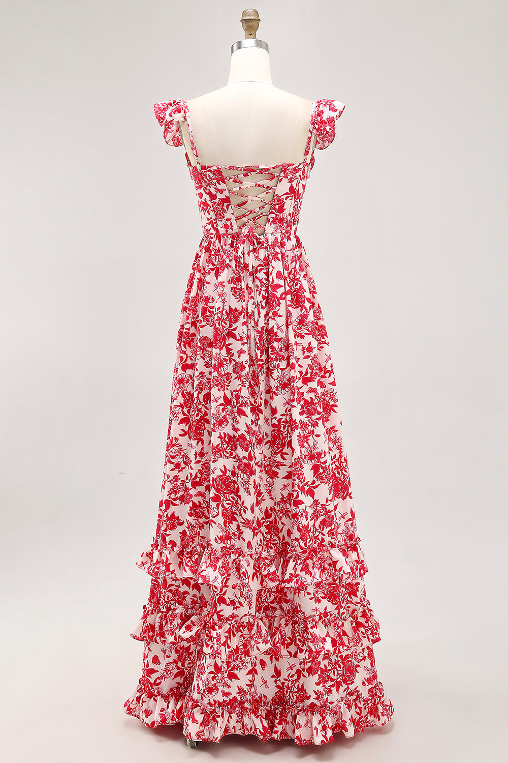 Off The Shoulder Ruffled Blue Floral Corset Long Wedding Guest Dress with Slit