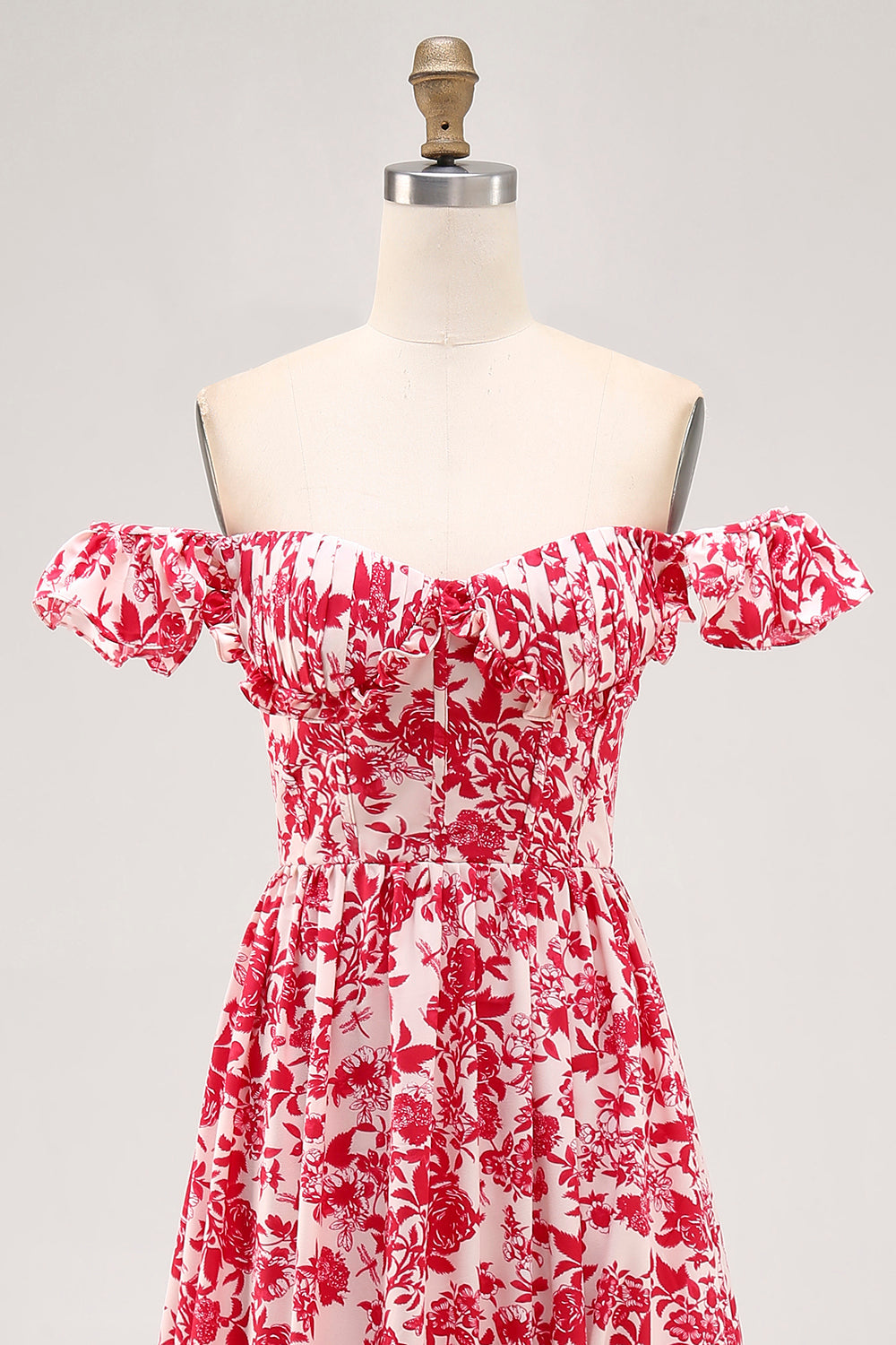 Off The Shoulder Ruffled Blue Floral Corset Long Wedding Guest Dress with Slit