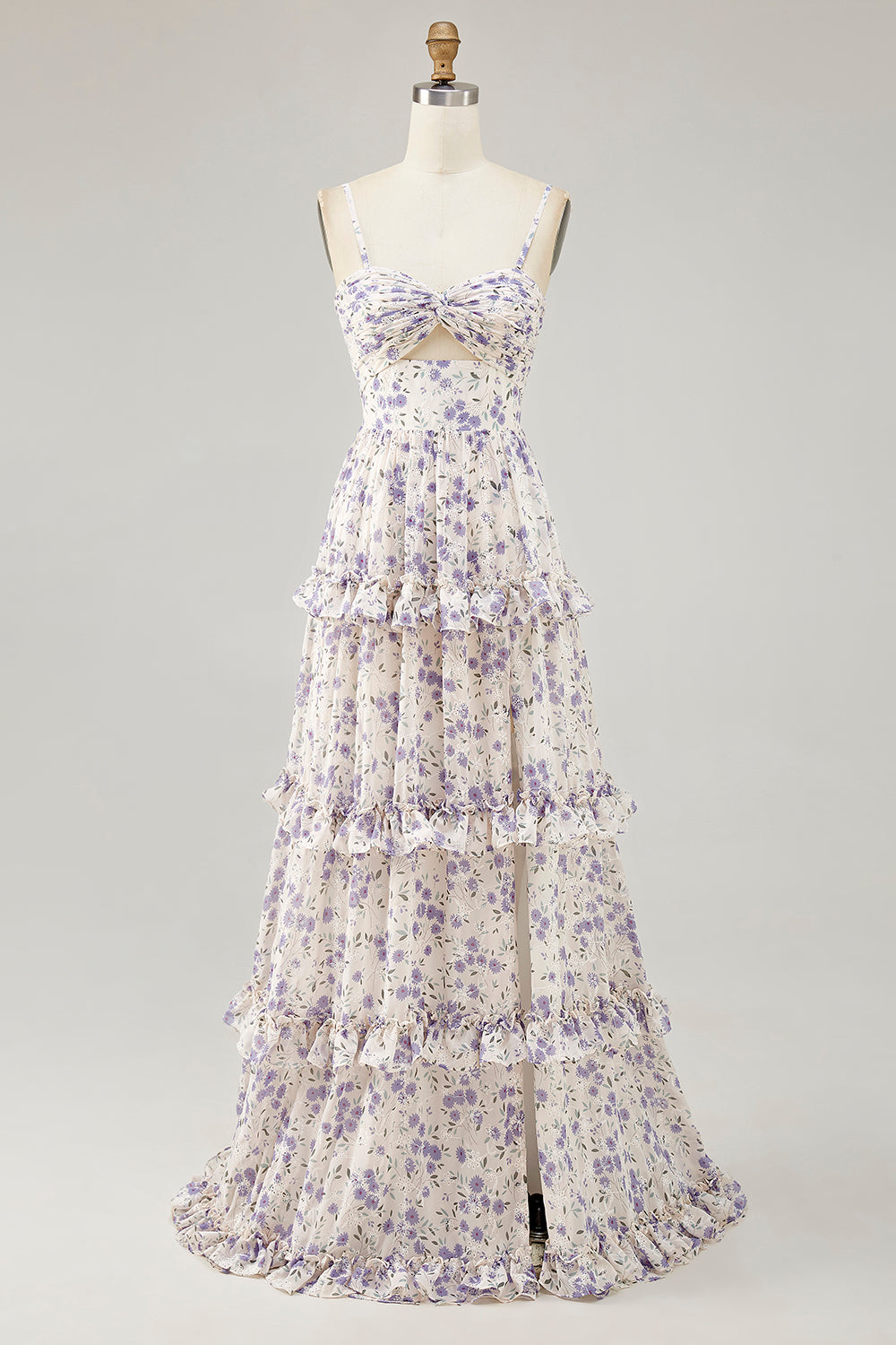 Purple Flower Printed Ruffled Cut Out Long Wedding Guest Dress with Slit