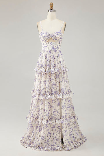 Purple Flower Printed Ruffled Cut Out Long Wedding Guest Dress with Slit