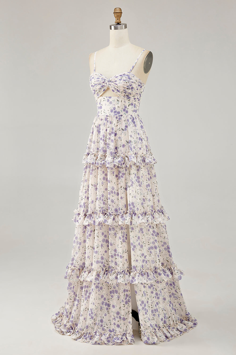 Purple Flower Printed Ruffled Cut Out Long Wedding Guest Dress with Slit