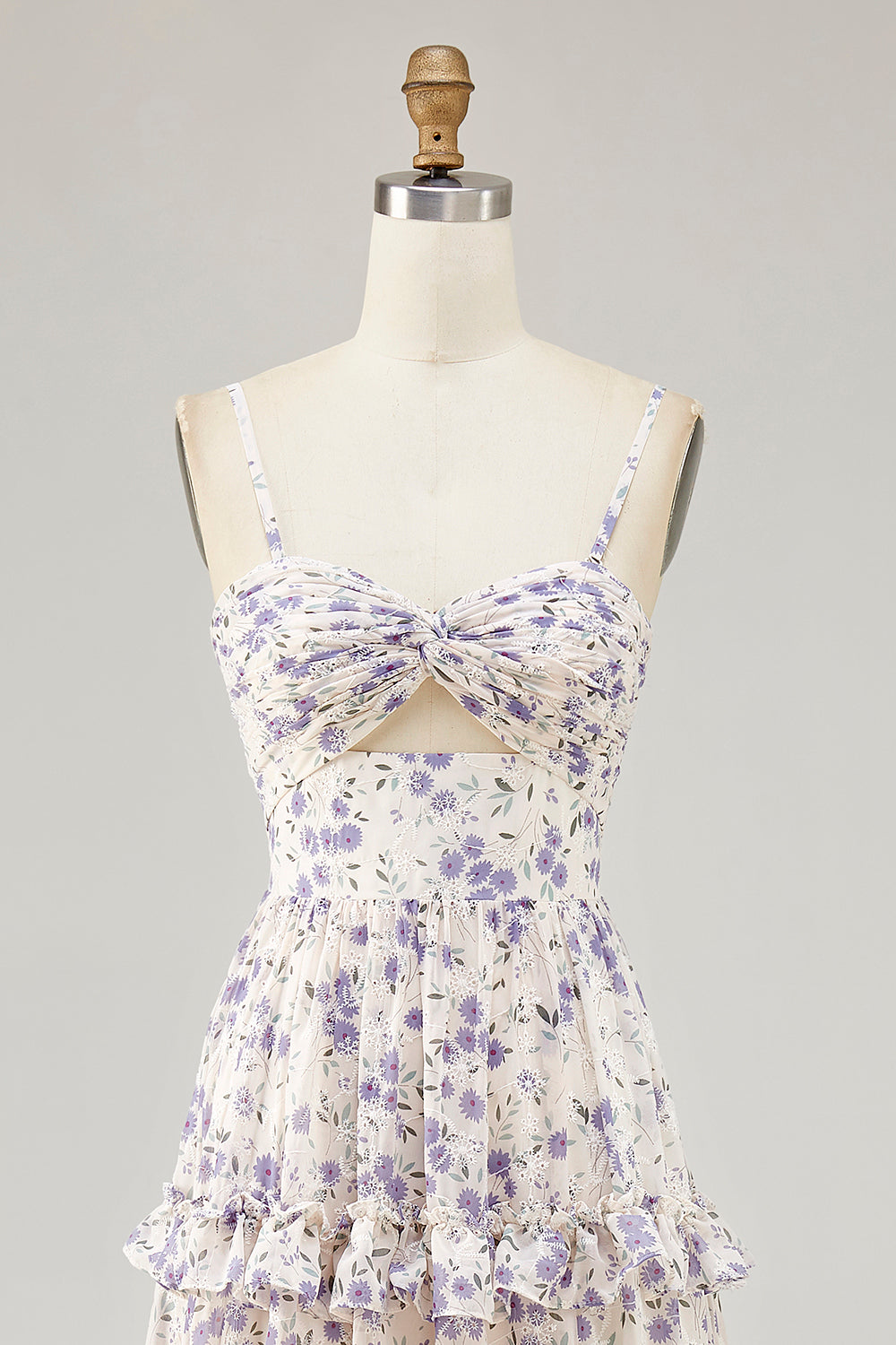 Purple Flower Printed Ruffled Cut Out Long Wedding Guest Dress with Slit