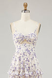 Purple Flower Printed Ruffled Cut Out Long Wedding Guest Dress with Slit
