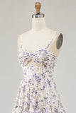 Purple Flower Printed Ruffled Cut Out Long Wedding Guest Dress with Slit