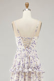 Purple Flower Printed Ruffled Cut Out Long Wedding Guest Dress with Slit