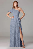 Dusty Blue A-Line One Shoulder Long Bridesmaid Dress with Slit