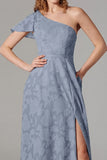 Dusty Blue A-Line One Shoulder Long Bridesmaid Dress with Slit