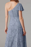 Dusty Blue A-Line One Shoulder Long Bridesmaid Dress with Slit