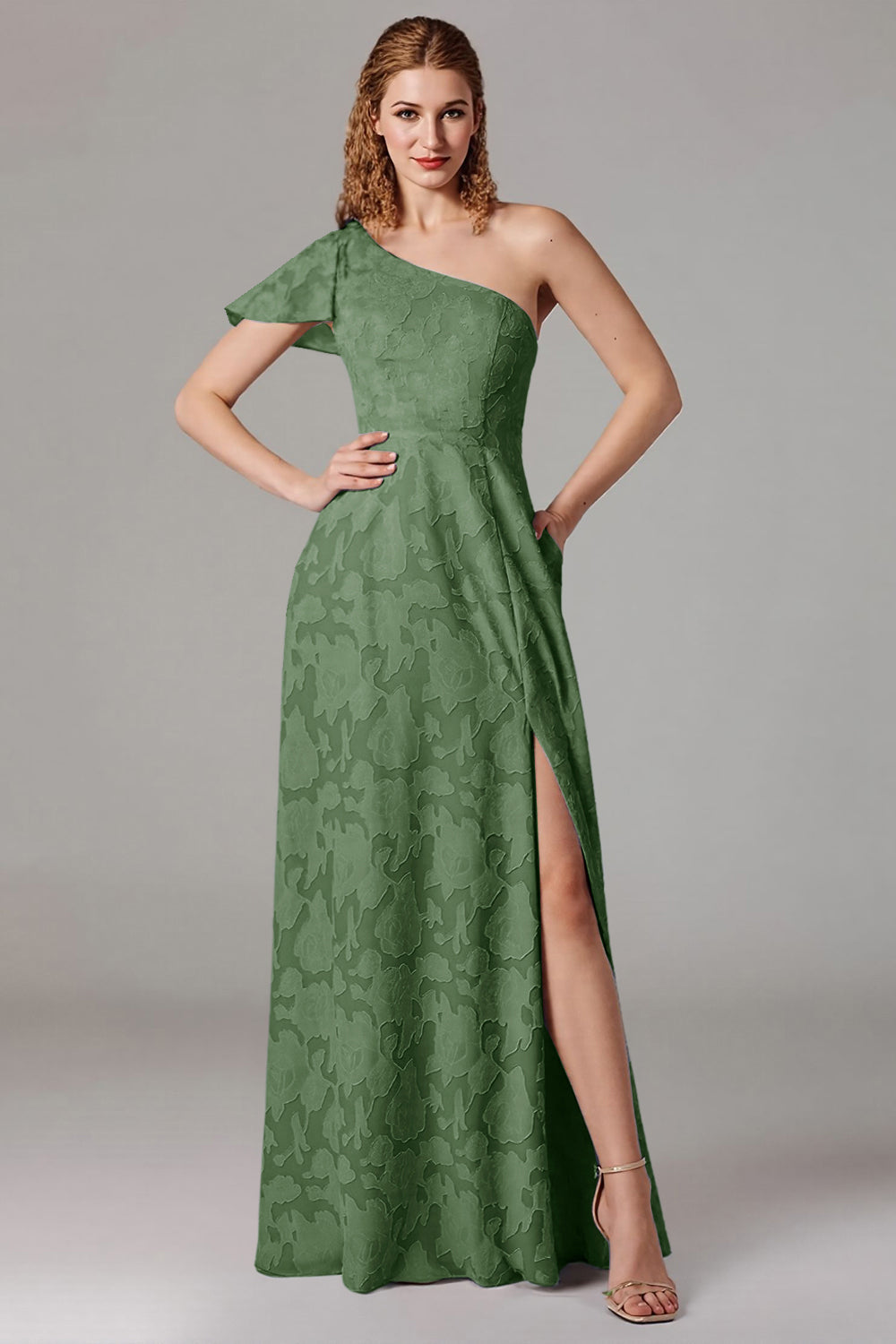 Dusty Blue A-Line One Shoulder Long Bridesmaid Dress with Slit