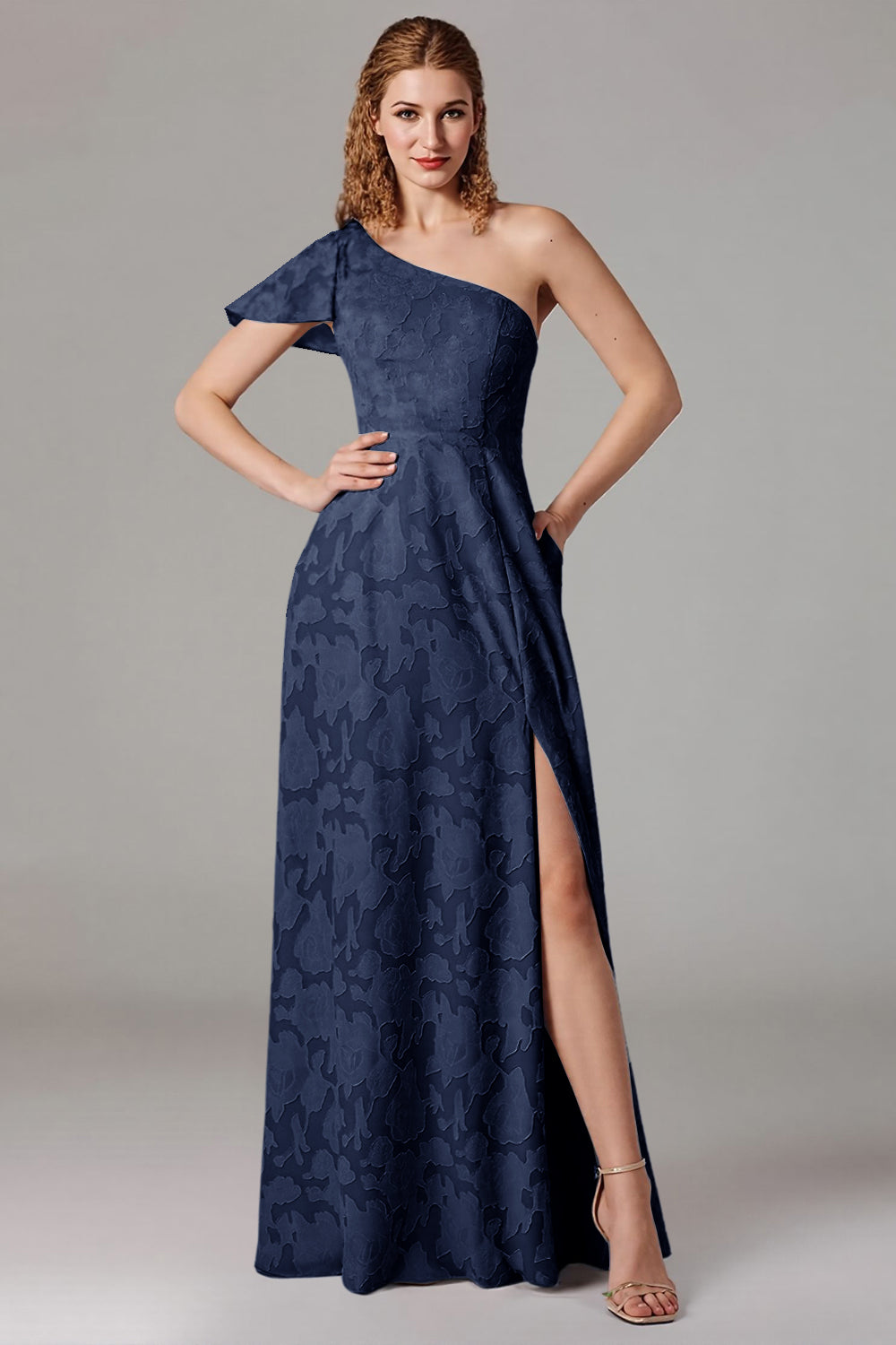 Dusty Blue A-Line One Shoulder Long Bridesmaid Dress with Slit