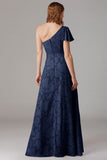 Dusty Blue A-Line One Shoulder Long Bridesmaid Dress with Slit