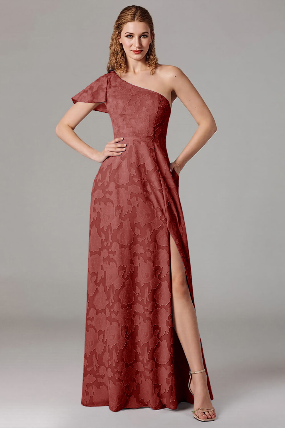 Dusty Blue A-Line One Shoulder Long Bridesmaid Dress with Slit