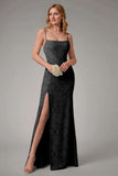 Dusty Blue Sheath Spaghetti Straps Sheath Bridesmaid Dress with Slit