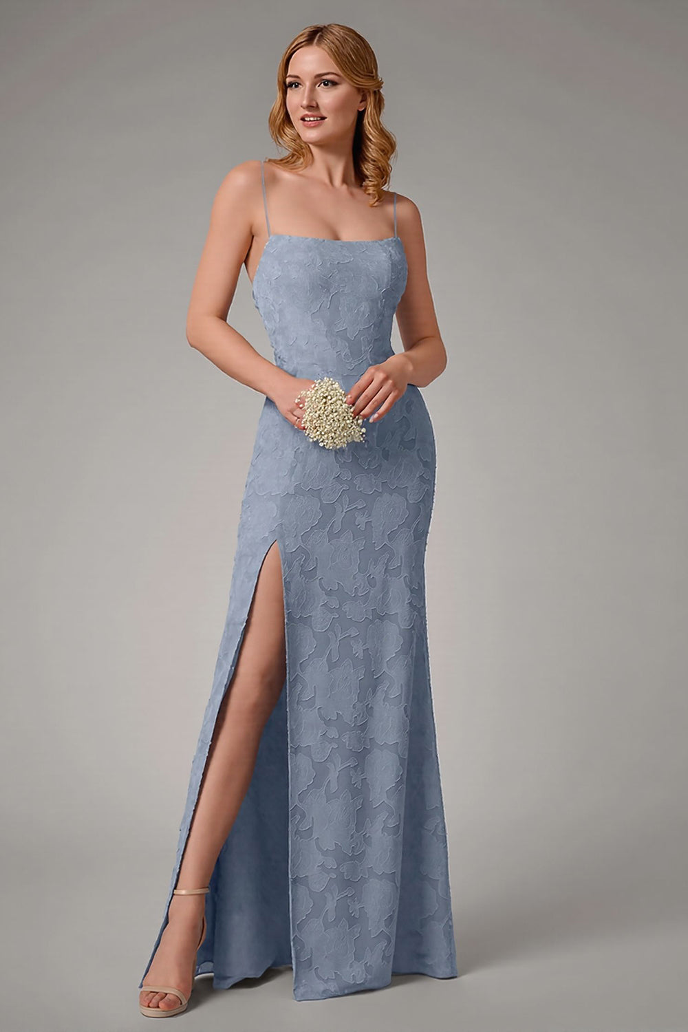 Dusty Blue Sheath Spaghetti Straps Sheath Bridesmaid Dress with Slit