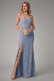 Dusty Blue Sheath Spaghetti Straps Sheath Bridesmaid Dress with Slit