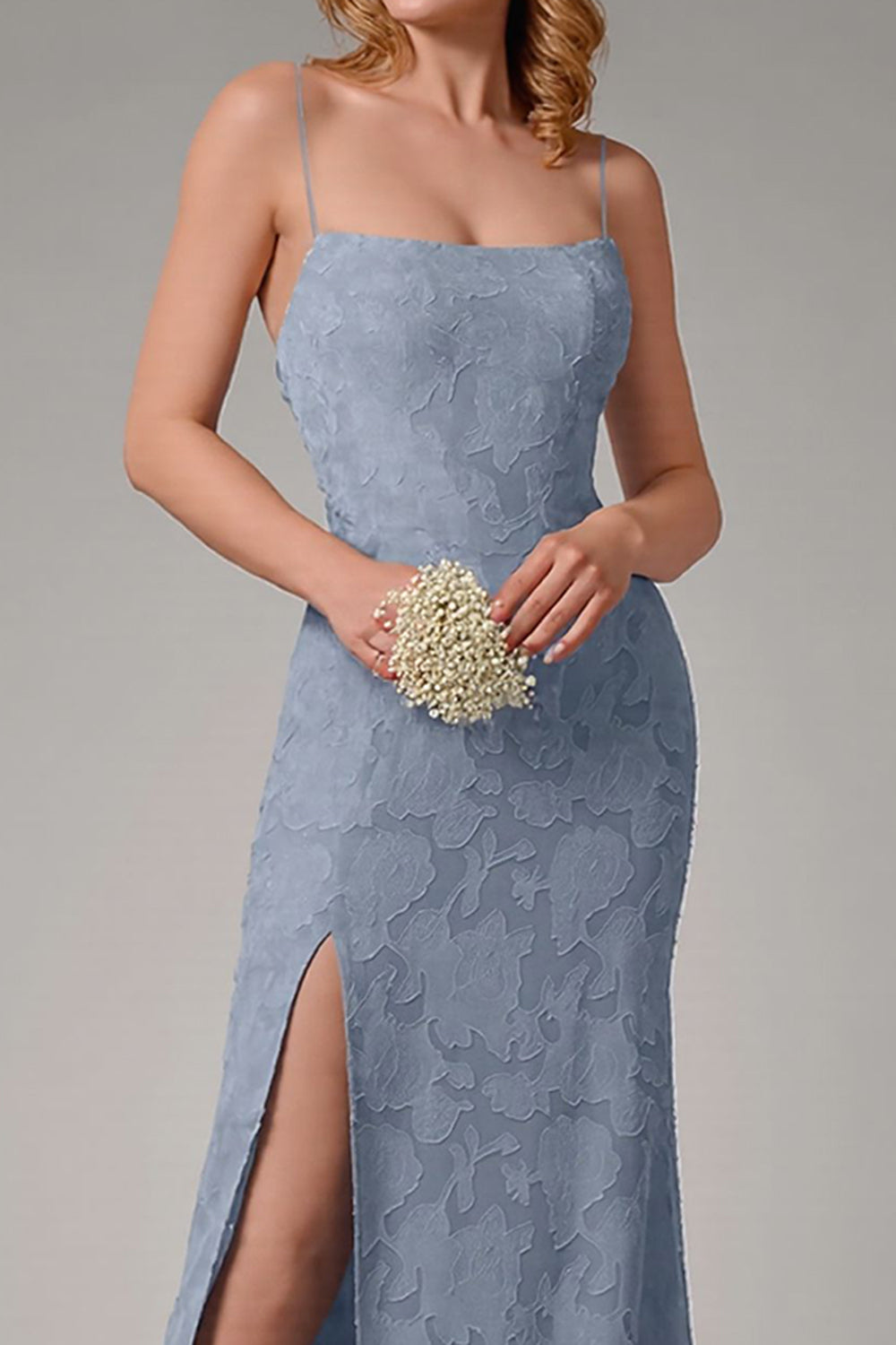 Dusty Blue Sheath Spaghetti Straps Sheath Bridesmaid Dress with Slit