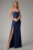 Dusty Blue Sheath Spaghetti Straps Sheath Bridesmaid Dress with Slit