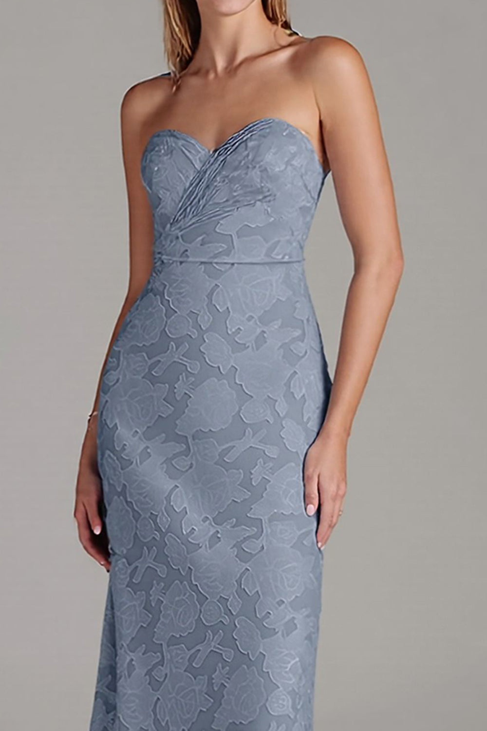 Strapless Sheath Dusty Blue Embroidery Long Bridesmaid Dress