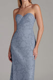 Strapless Sheath Dusty Blue Embroidery Long Bridesmaid Dress