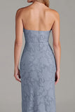 Strapless Sheath Dusty Blue Embroidery Long Bridesmaid Dress