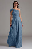 A-Line One Shoulder Ruched Eucalyptus Long Bridesmaid Dress