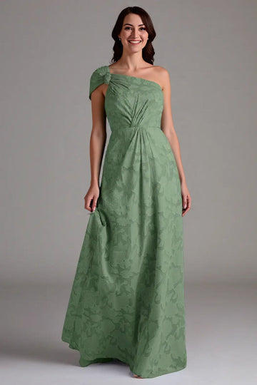 A-Line One Shoulder Ruched Eucalyptus Long Bridesmaid Dress