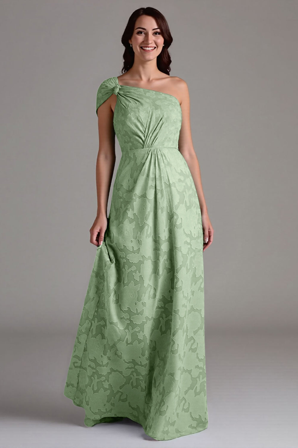 A-Line One Shoulder Ruched Eucalyptus Long Bridesmaid Dress