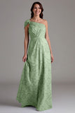 A-Line One Shoulder Ruched Eucalyptus Long Bridesmaid Dress
