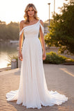 Ivory Chiffon Pleated A Line Boho Sweep Train Wedding Dress