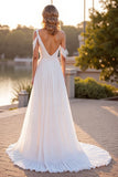 Ivory Chiffon Pleated A Line Boho Sweep Train Wedding Dress