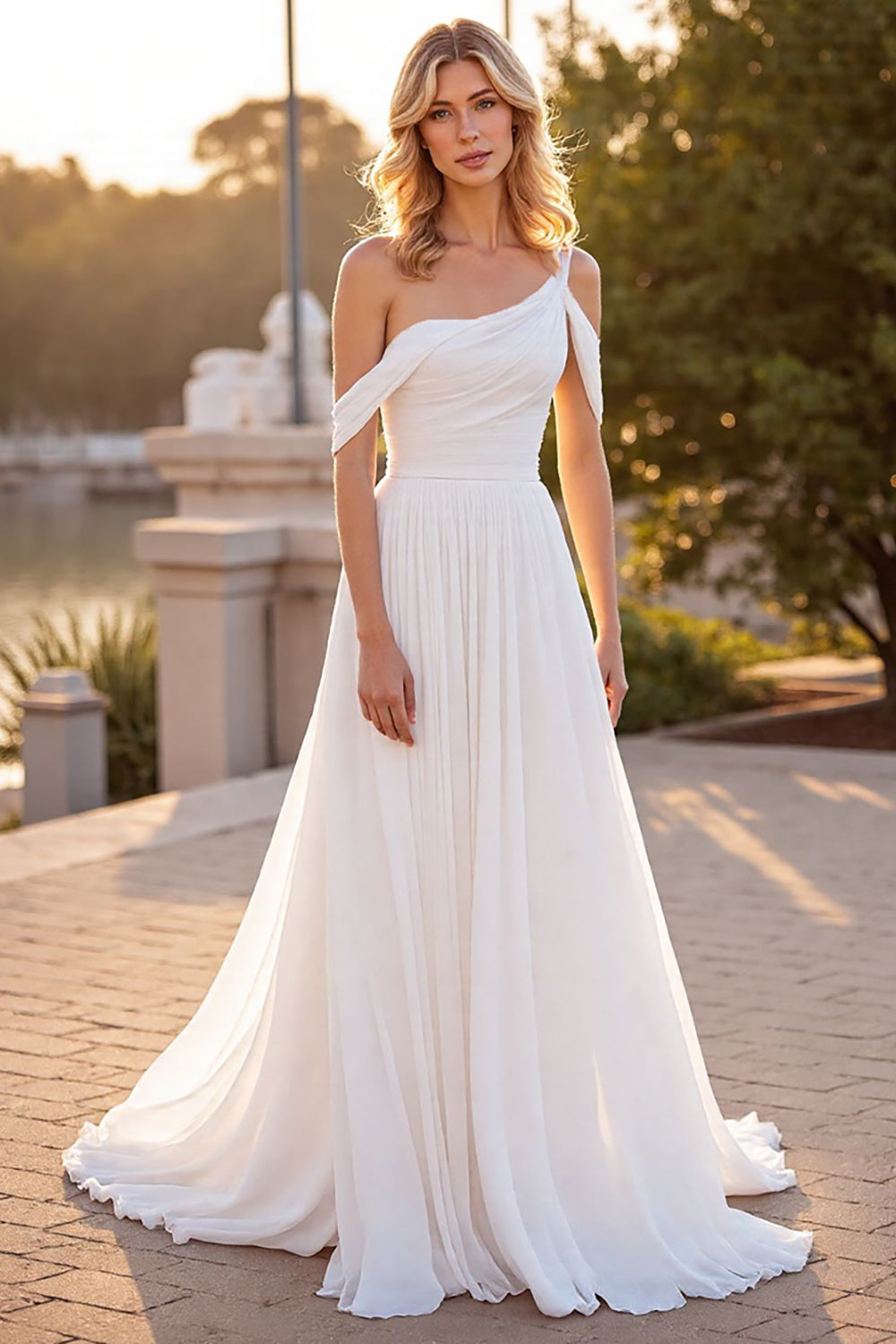 Ivory Chiffon Pleated A Line Boho Sweep Train Wedding Dress