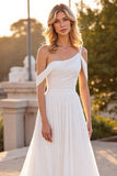 Ivory Chiffon Pleated A Line Boho Sweep Train Wedding Dress