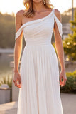 Ivory Chiffon Pleated A Line Boho Sweep Train Wedding Dress