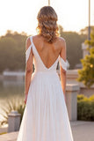 Ivory Chiffon Pleated A Line Boho Sweep Train Wedding Dress