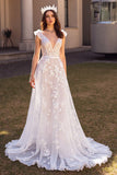 Ivory Tulle Sweep Train Boho Wedding Dress with Appliques