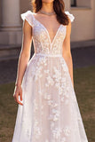 Ivory Tulle Sweep Train Boho Wedding Dress with Appliques