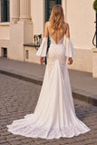 Ivory Lace Mermaid Boho Sweep Train Wedding Dress with Sleeves