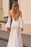 Ivory Lace Mermaid Boho Sweep Train Wedding Dress with Sleeves