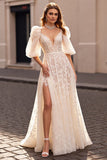 Ivory Lace Corset Sweep Train Boho Wedding Dress with Sleeves