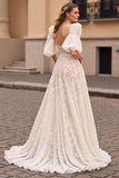 Ivory Lace Corset Sweep Train Boho Wedding Dress with Sleeves