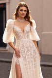 Ivory Lace Corset Sweep Train Boho Wedding Dress with Sleeves