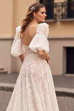 Ivory Lace Corset Sweep Train Boho Wedding Dress with Sleeves