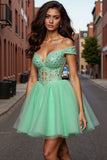Tulle Light Green A Line Short Cocktail Dress with Lace