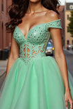 Tulle Light Green A Line Short Cocktail Dress with Lace