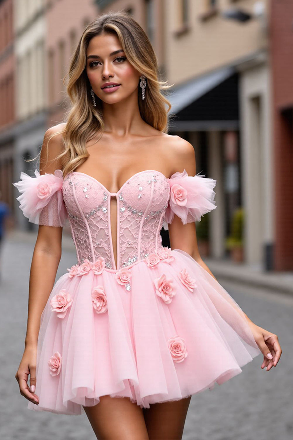 Floral Corset Blush Tulle Short Homecoming Dress with Appliques